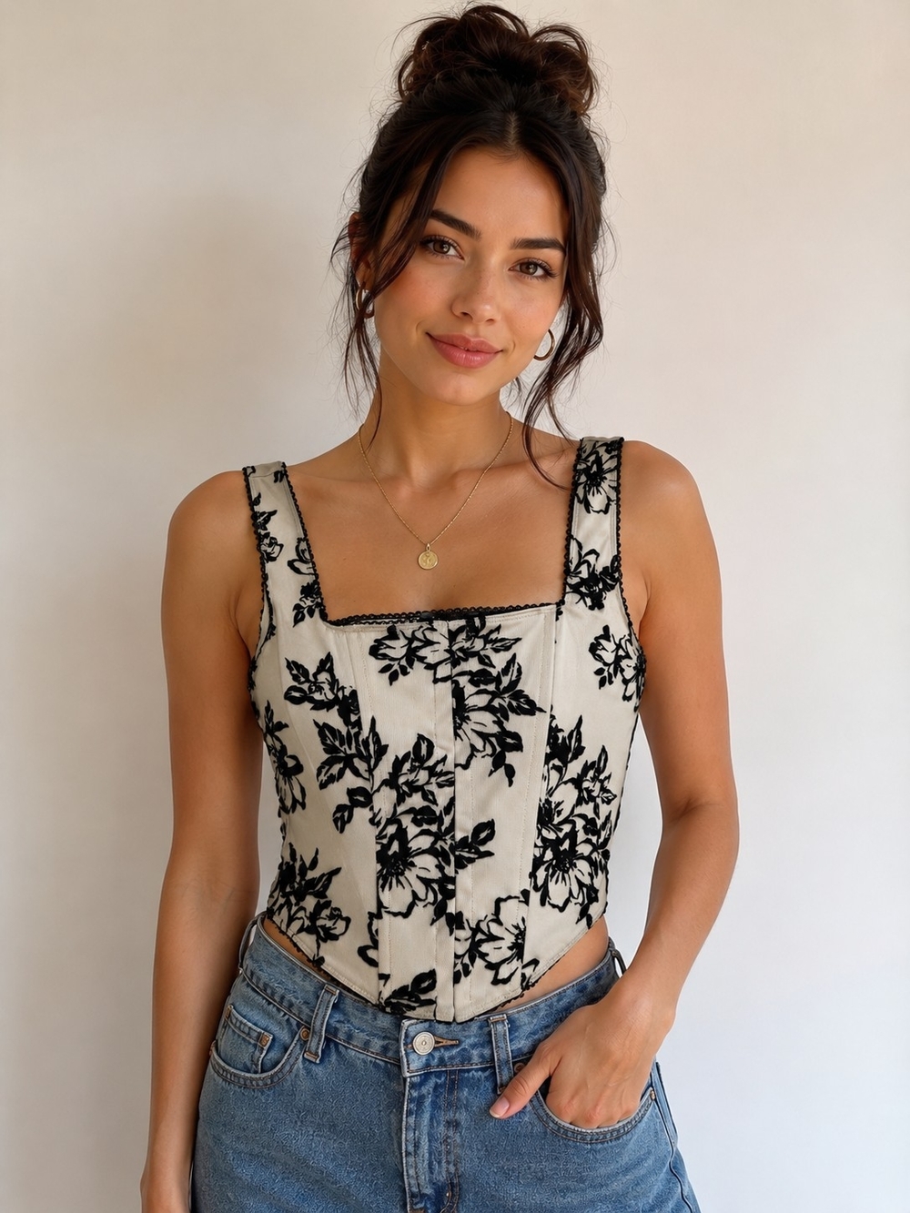 Romantic Black Floral Corset Crop Top w/ Lace Trim